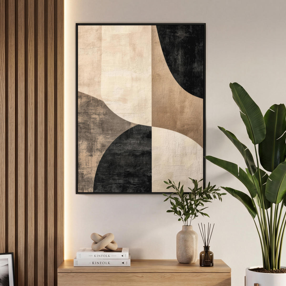 LEINWAND Bilder mit Rahmen - Abstrakt - Flugzeuge - Schwarz - Rund - 70x100 - Beige, Textil (70/100cm) - MuchoWow
