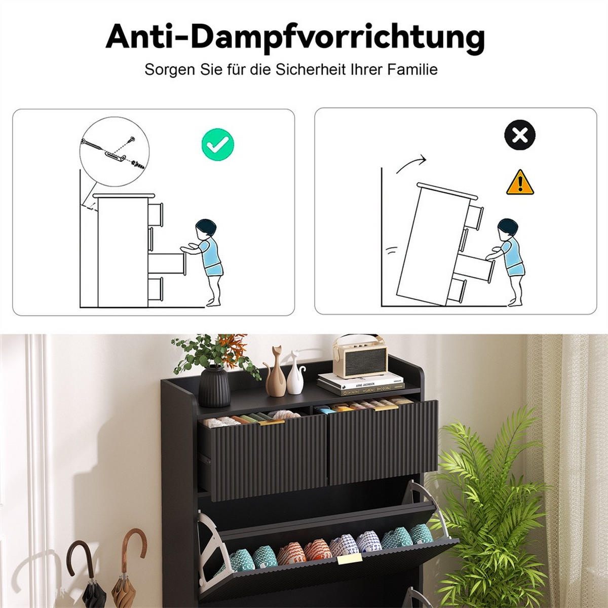 SCHUHSCHRANK im modernen - Kompakter Kipp-Schuhkipper mit 2 Schubladen und 2 Klappen - Schwarz - Schwarz, Holzwerkstoff (24/110/80cm) - DELFA