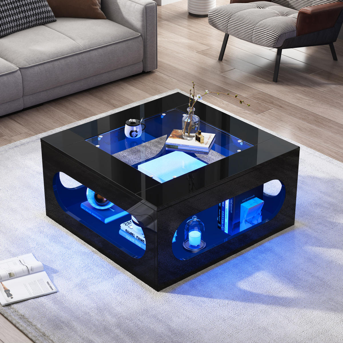 COUCHTISCH 70/70/35 cm schwarz aus MDF mit Glasplatte und LED-Beleuchtung - Schwarz, Holzwerkstoff (70/70/35cm) - OKMYHOME