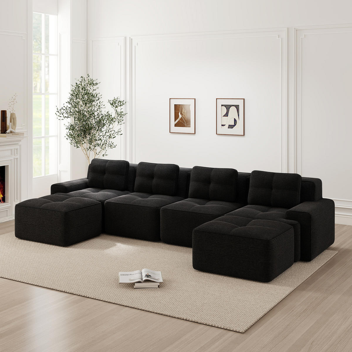 WOHNLANDSCHAFT 4-Sitzer Cord Schwarz rutschfest - Schwarz, Textil (382/69/177cm) - WISHDOR