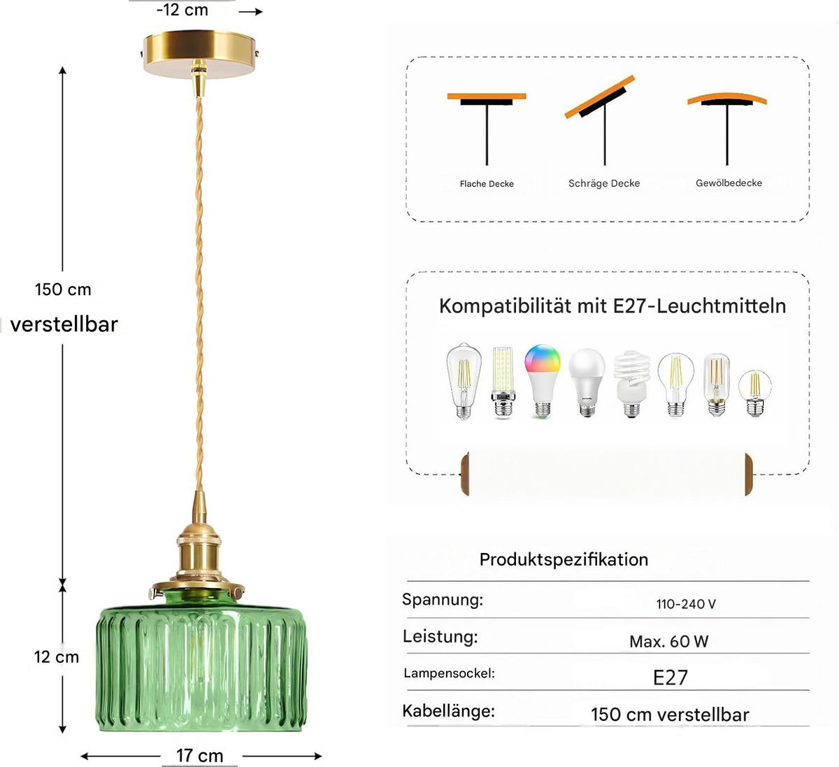 PENDELLEUCHTE Glas & Vintage, E27 Energieklasse E - Smaragdgrün, Glas (18/19/18cm) - Authentics