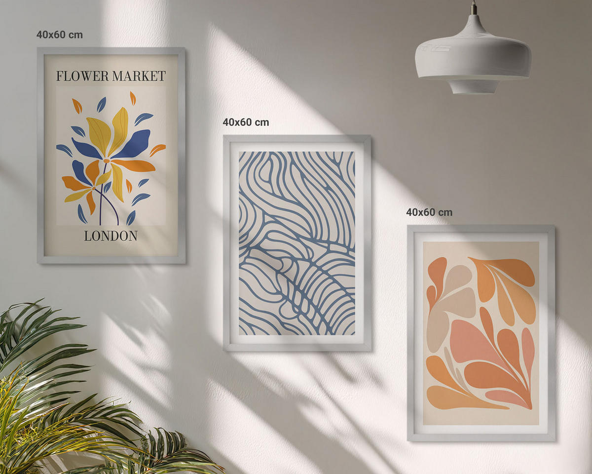 BILDER SET 3er Set - 40x60 cm Silberner Rahmen - Moderne abstrakte Blumen - Silberfarben, Kunststoff (40/60cm) - TULUP