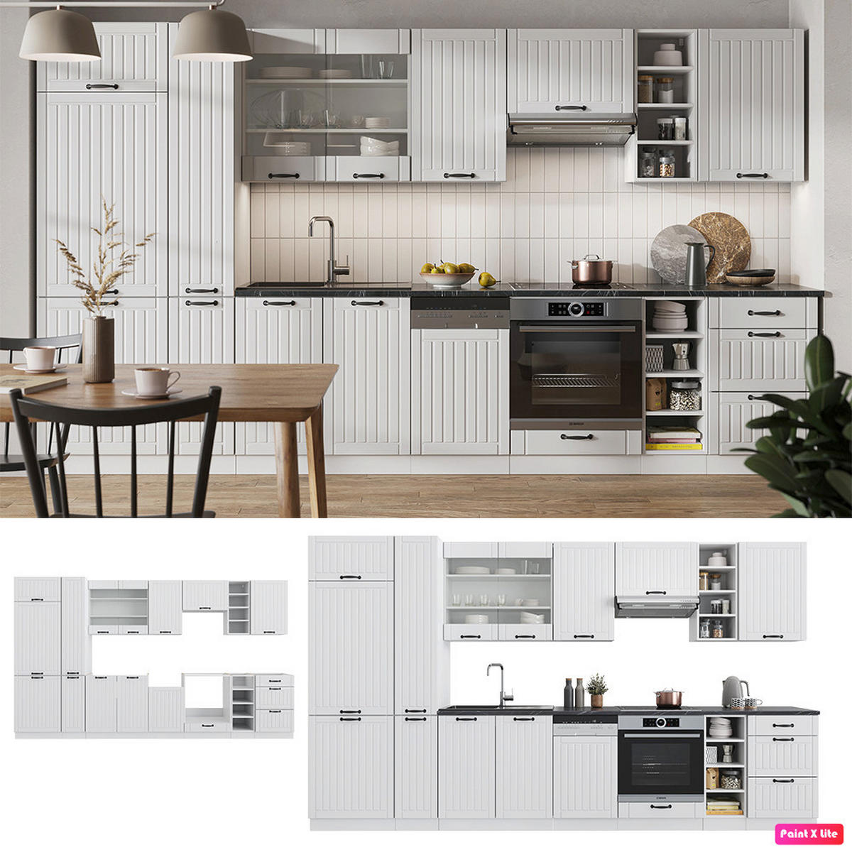 KÜCHENZEILE Fame-Line Weiß Landhaus/Weiß 355 cm, AP Eiche - Creme/Weiß, Holzwerkstoff (355/81.6/60cm) - Vicco