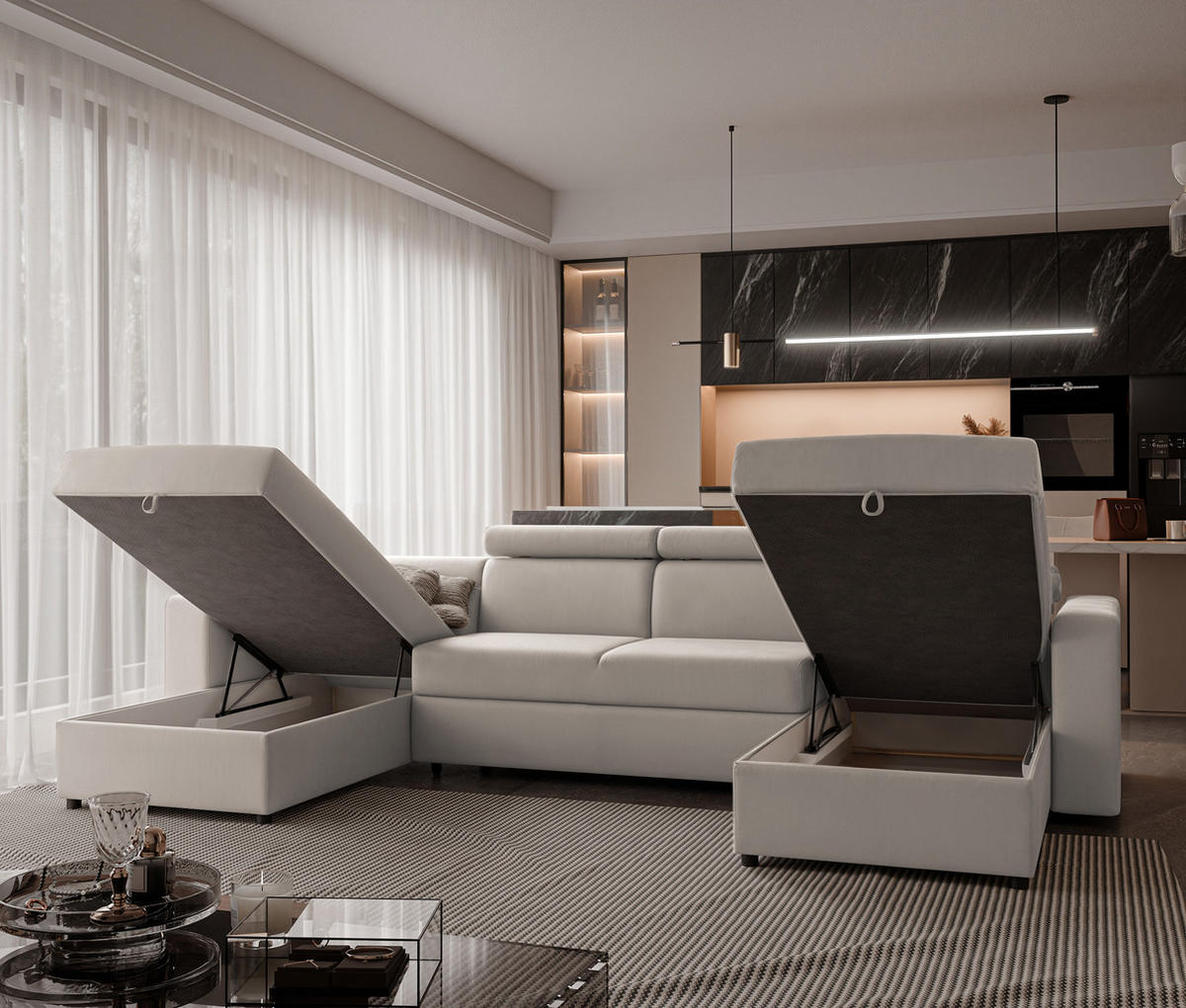 WOHNLANDSCHAFT BENI U II mit verstellbaren Kopfstützen und Schlaffunktion, Farbe Creme - Creme/Schwarz, Kunststoff/Textil (302/60/166cm) - Idohome