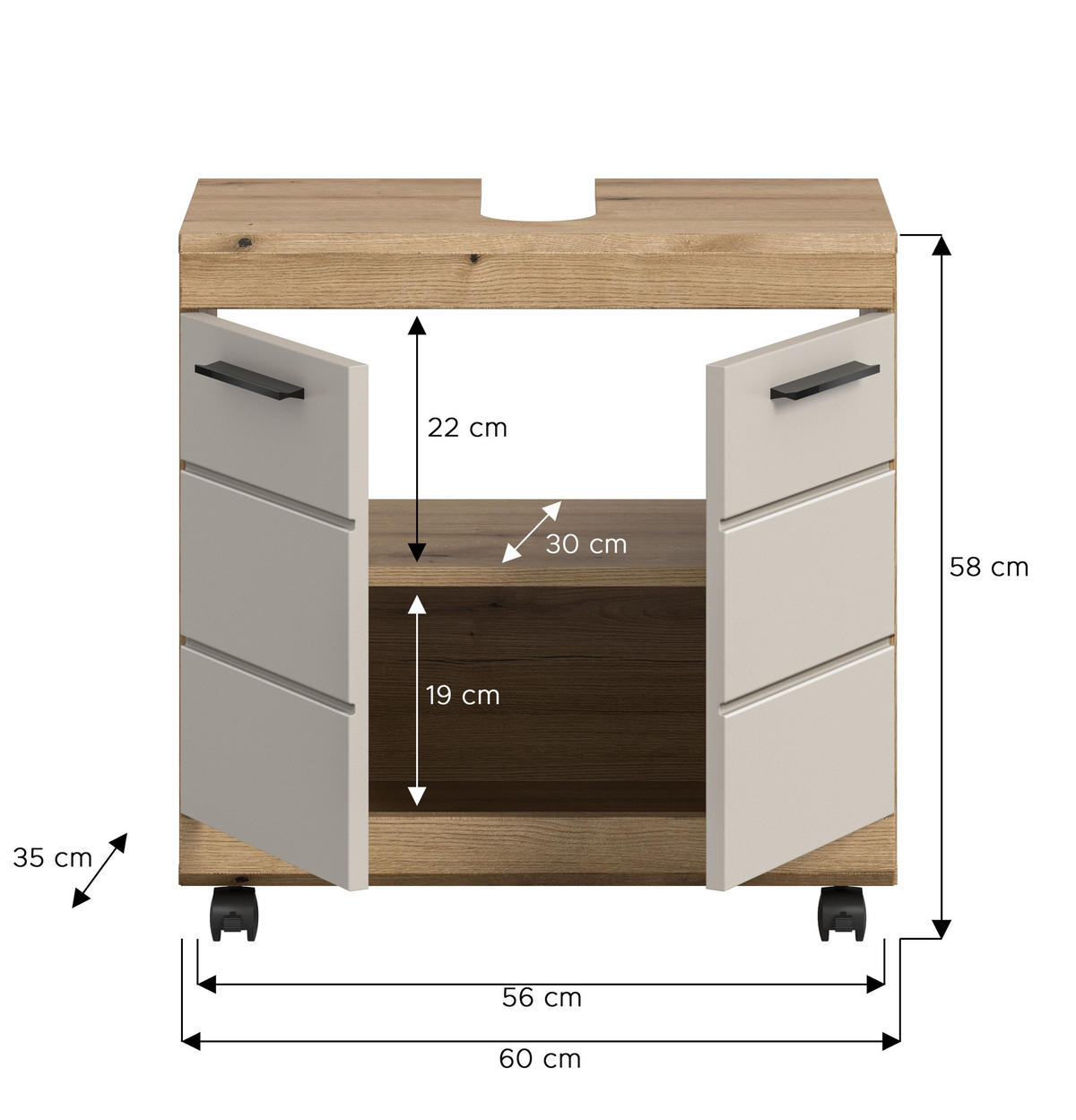WASCHBECKENUNTERSCHRANK auf Rollen SCOUT (B/H/T: ca. 60/60/34 cm) in Evoke Oak Nachbildung/Kaschmir matt - Eichefarben, Holzwerkstoff (60/60/34cm)