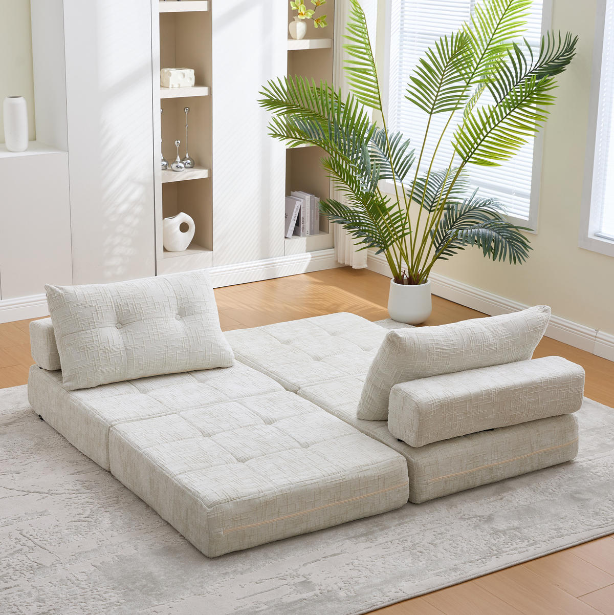 SCHLAFSOFA 79/79/57 cm in Beige – faltbar mit Kissen und Chenillebezug - Beige, Textil (79/57/79cm) - BEAOK