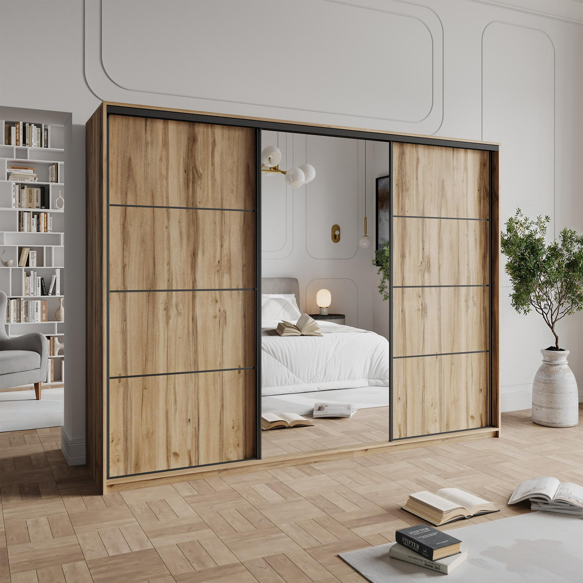 SCHWEBETÜRENSCHRANK VARO 270/205/60 cm 3-türig mit Spiegel Eiche Wotan - Eiche Wotan, Holzwerkstoff (270/205/60cm) - MASSENO
