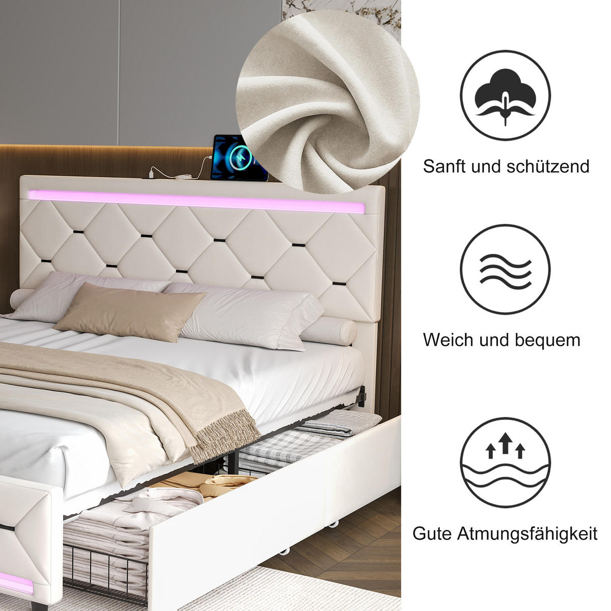 POLSTERBETT 140x200 cm, Doppelbett mit LED-Beleuchtung, Weiß Samt - Weiß, Metall (140/200cm)