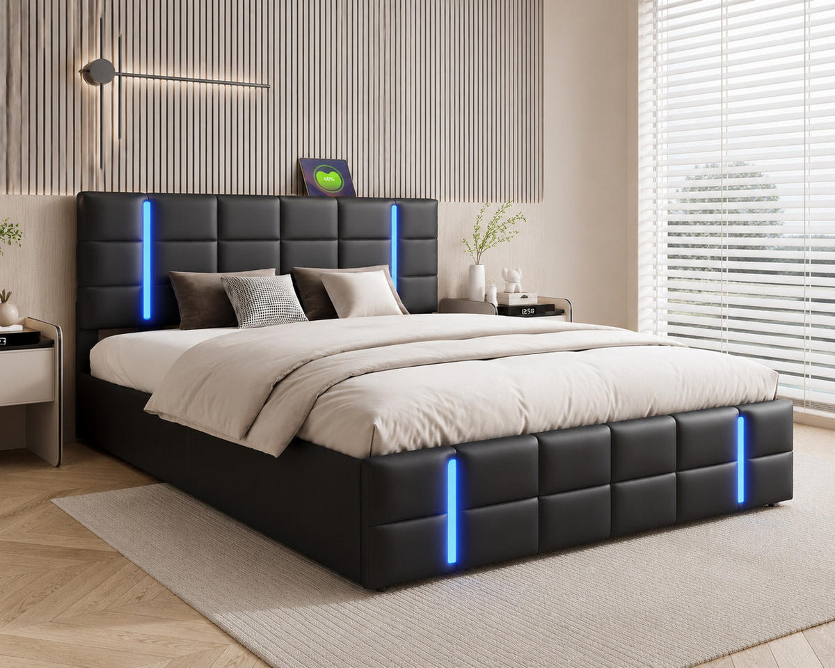 POLSTERBETT 160/200 cm mit LED-Beleuchtung, integriertem USB-Anschluss am Kopfteil und hydraulischem Stauraum-Bettkasten, Lederlook Bettgestell - Schwarz, Holz/Metall (160/200cm) - Joyfair