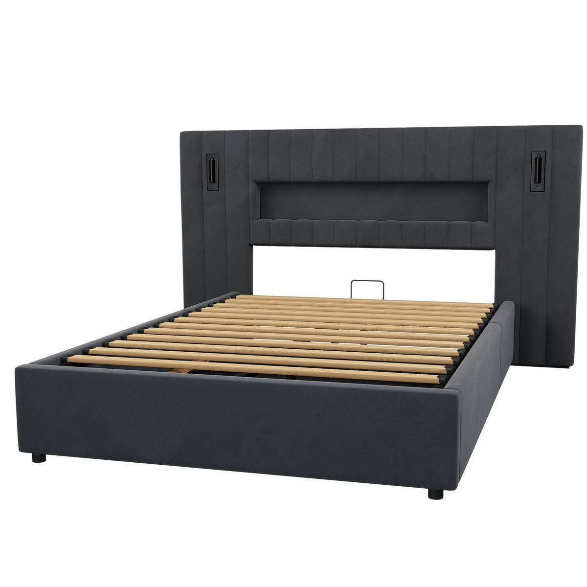 ČALOUNĚNÁ postel 140/200 cm tmavě šedá ze sametu s hydraulickým úložným prostorem, LED čtecími lampami a USB konektory - tmavě šedá, textil (140/200cm) - OKWISH