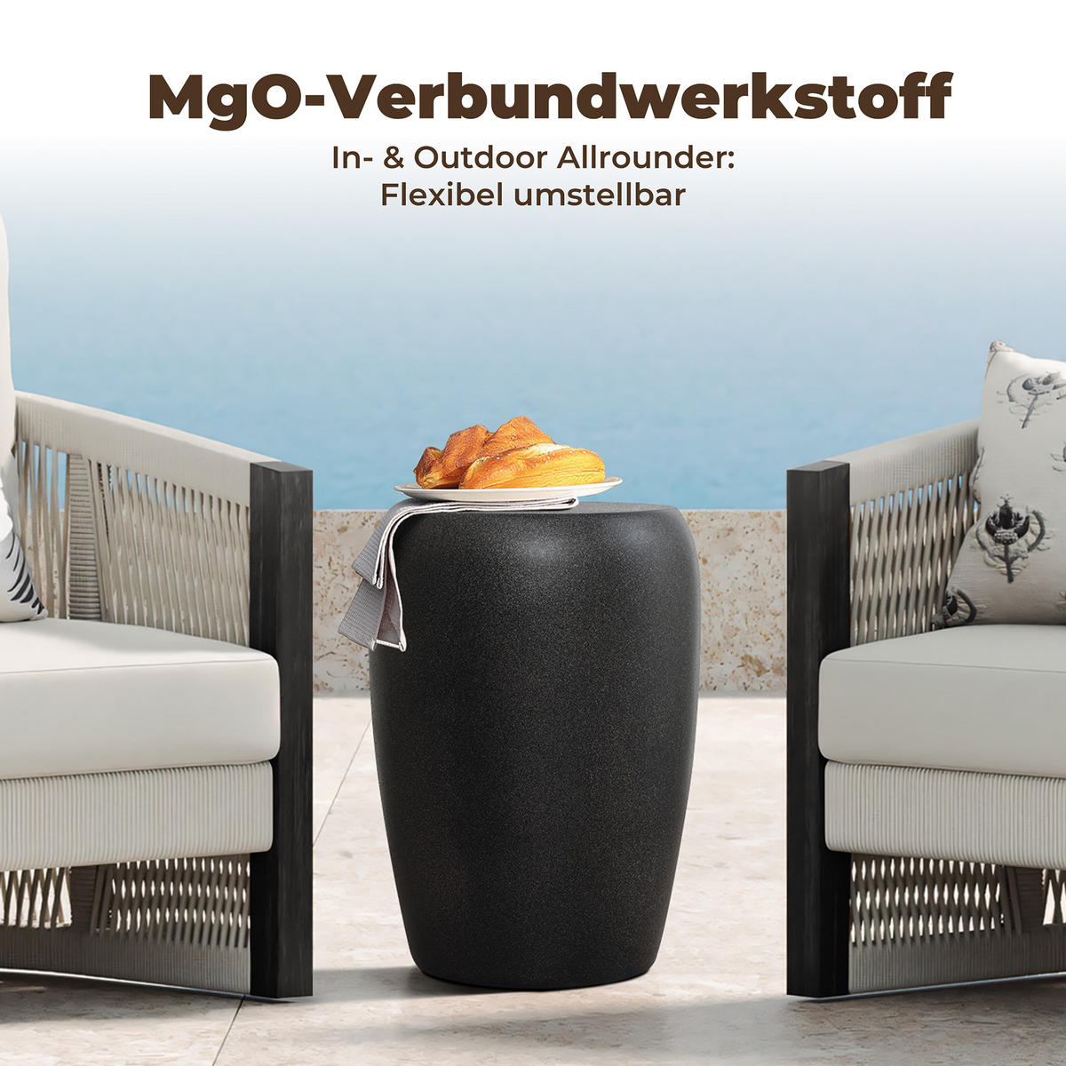 BEISTELLTISCH für den Außenbereich, 50 cm, rund, Struktur aus Zement im Travertin-Stil - Schwarz Hochglanz, Kunststoff (35/35/49.5cm) - Hometopia