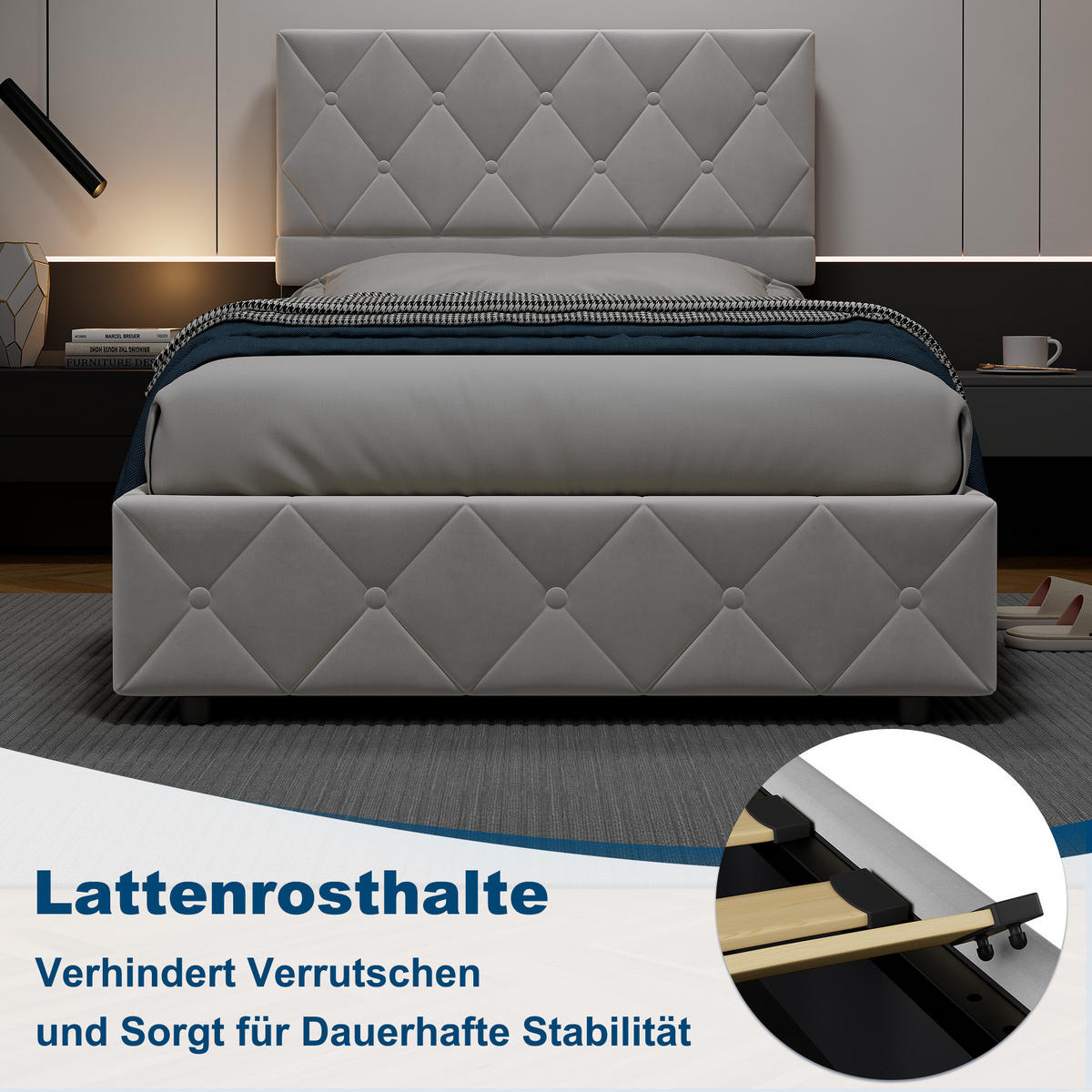 POLSTERBETT 90/200 cm in Grau Samt mit Bettkasten, hydraulischem Doppelhub-System und Lattenrost - Grau, Holzwerkstoff/Textil (90/200cm) - CHICFURN