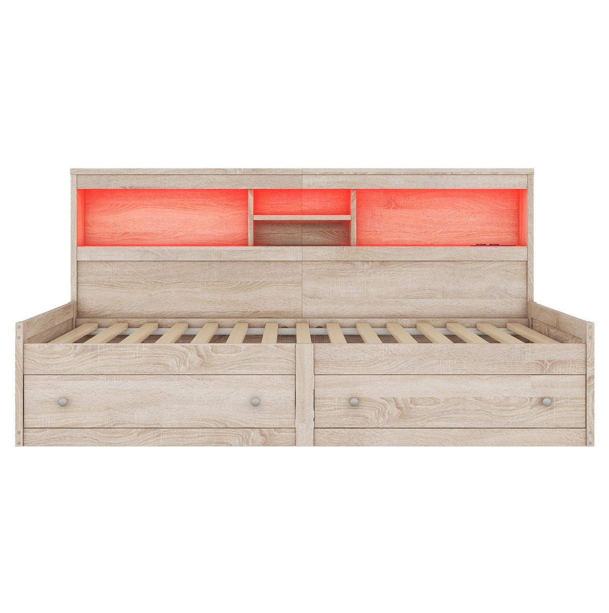 KINDERBETT 90/200 cm in Natur mit LED-Beleuchtung und 2 USB-Anschlüssen - Naturfarben, Holzwerkstoff (90/200cm) - Flora Grace