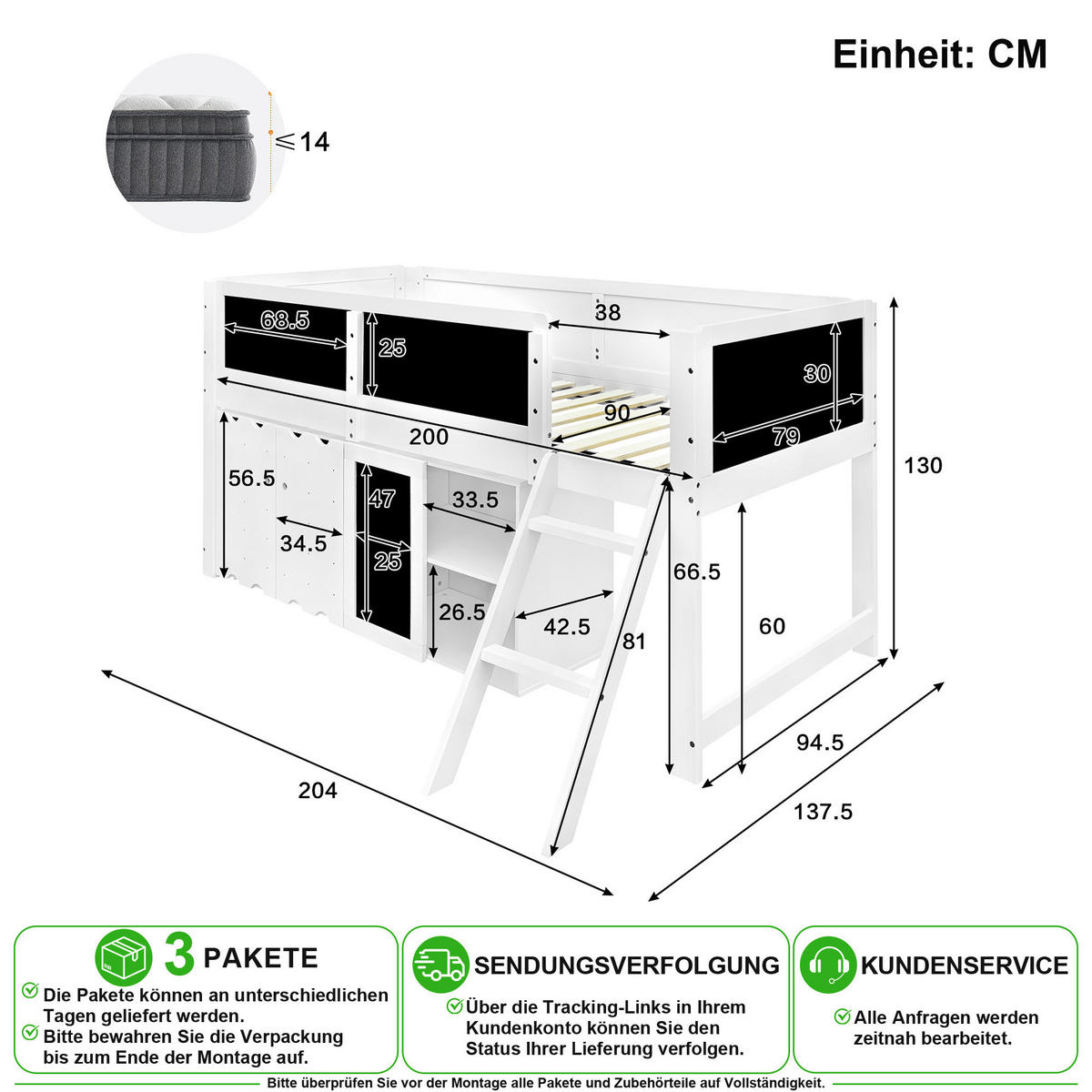 HOCHBETT 90/200 cm in Weiß & Schwarz mit Schrank, Tafel und Schrägleiter - Weiß, Holz/Holzwerkstoff (90/200cm) - CHICFURN