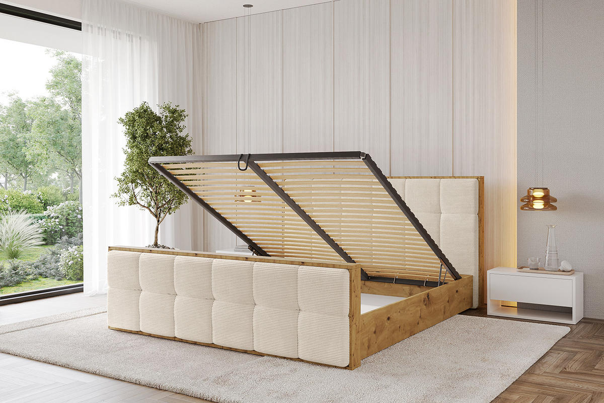 POLSTERBETT mit Bettkasten, Fußteil und Lattenrost, Boxbett ohne Matratze - ENZO7-Z 120x200 Beige - Creme, Holzwerkstoff/Textil (120/200cm) - ALTDECOR