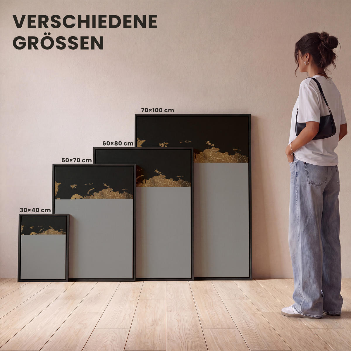 LEINWAND Bilder mit Rahmen - Weltkarte - Gold - Luxus - Erde - Schwarz - 70x100 - Goldfarben, Textil (70/100cm) - MuchoWow