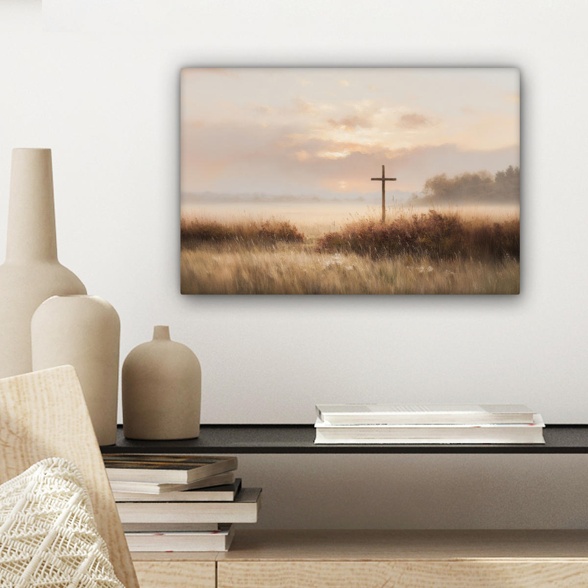 LEINWANDBILD Gras - Morgennebel - Kreuz - Christentum Deko Schlafzimmer 30x20 cm - Beige, Textil (30/20cm) - MuchoWow