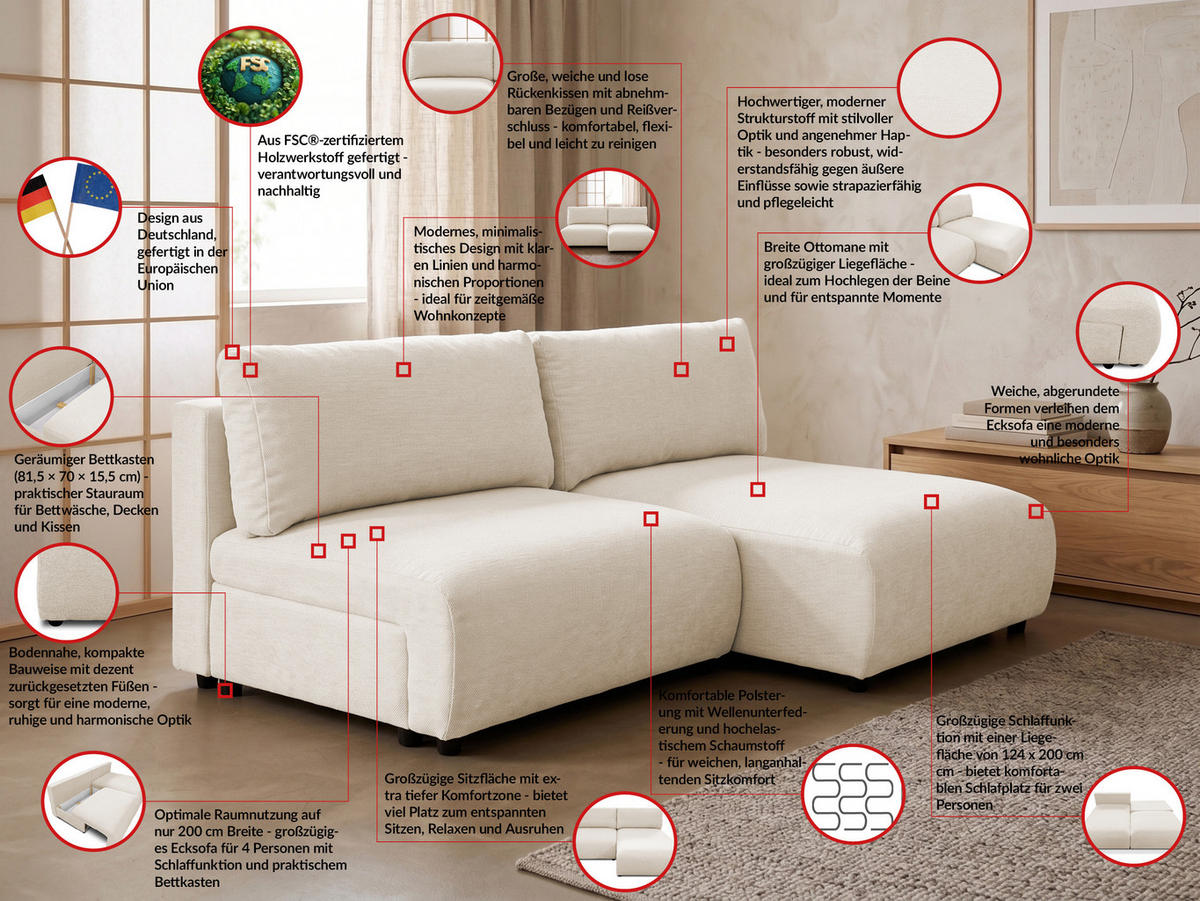 ECKSOFA Sora mit Schlaffunktion, Bettkasten und extra tiefer Komfortzone aus hochwertigem Hellbeige Strukturstoff - Beige/Schwarz, Holz/Kunststoff (200/140cm) - S-Style