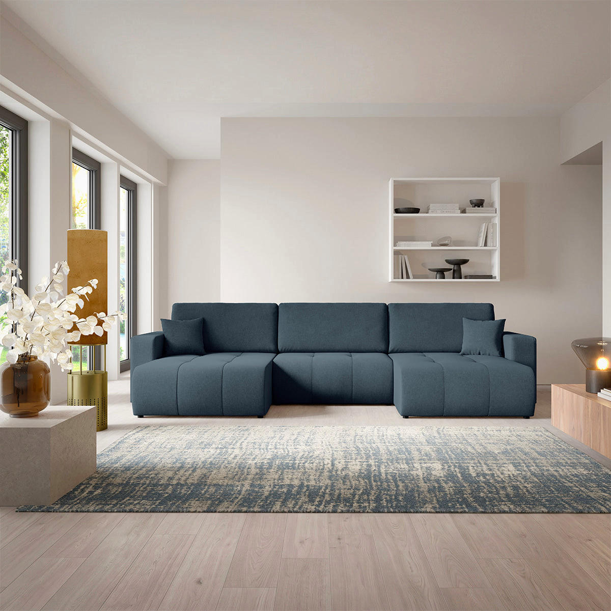 PANORAMASOFA Giulia 5 Sitzplätze Blau - Blau, Holz (344/82/149cm) - Petits-meubles