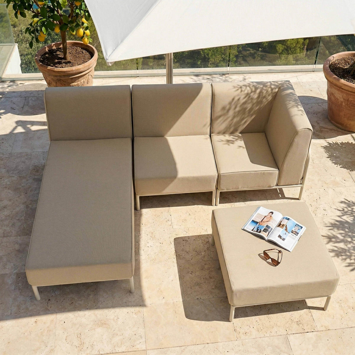 GARTENSOFA mit 4 Sitzplätzen, Beige - Beige, Textil (153/78/272cm) - Oviala
