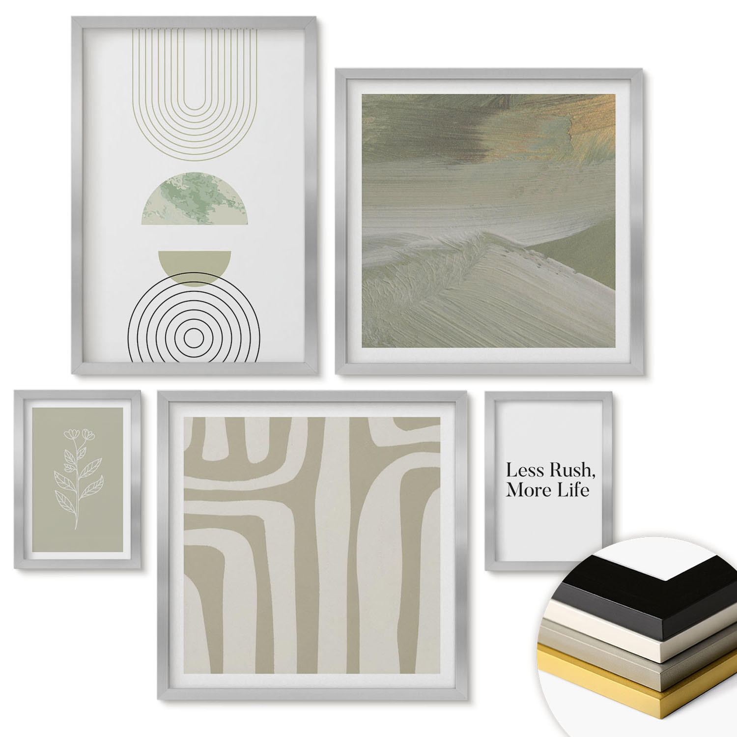 WANDBILDER 5er Set - 50x50 cm & 20x30 cm & 40x60 cm Silberner Rahmen - Geometrische Pflanzenmuster - Silberfarben, Kunststoff (40/60cm) - ArtPrintCave