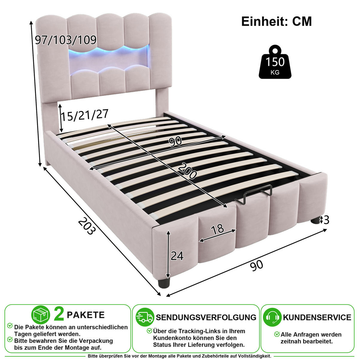 ČALOUNĚNÁ POSTEL 90/200 cm v růžové barvě s úložným prostorem, LED osvětlením a sametem - růžová, kov/kompozitní dřevo (90/200cm) - CHICFURN
