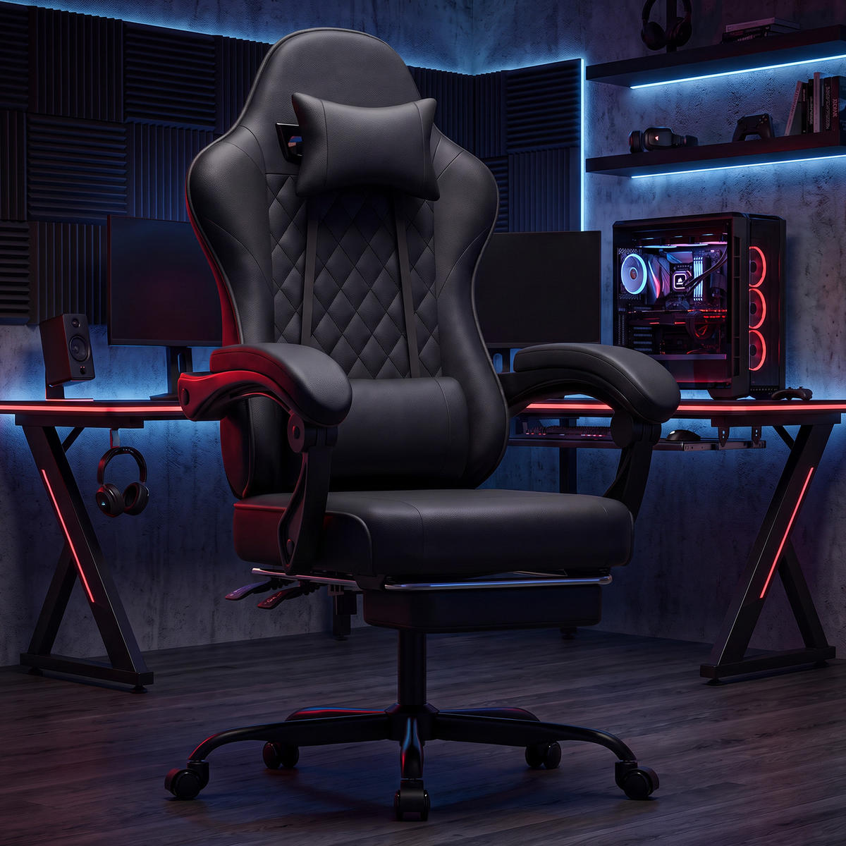 GAMINGSTUHL DE-40998 mit Lordosenstütze und Fußstütze Schwarz - Schwarz, Metall (58.5/120.5/63cm) - ComfortXL