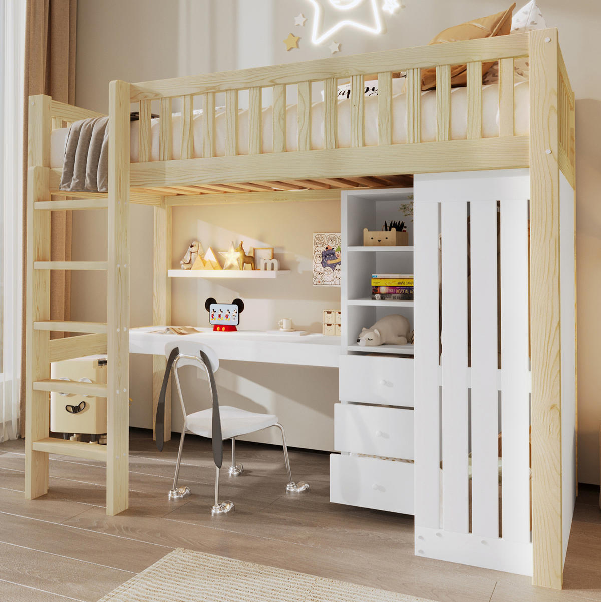 HOCHBETT 90/200 cm Natur aus Kiefernholz und MDF mit Schreibtisch und Stauraum - Naturfarben, Holz (90/200cm) - OKMYHOME