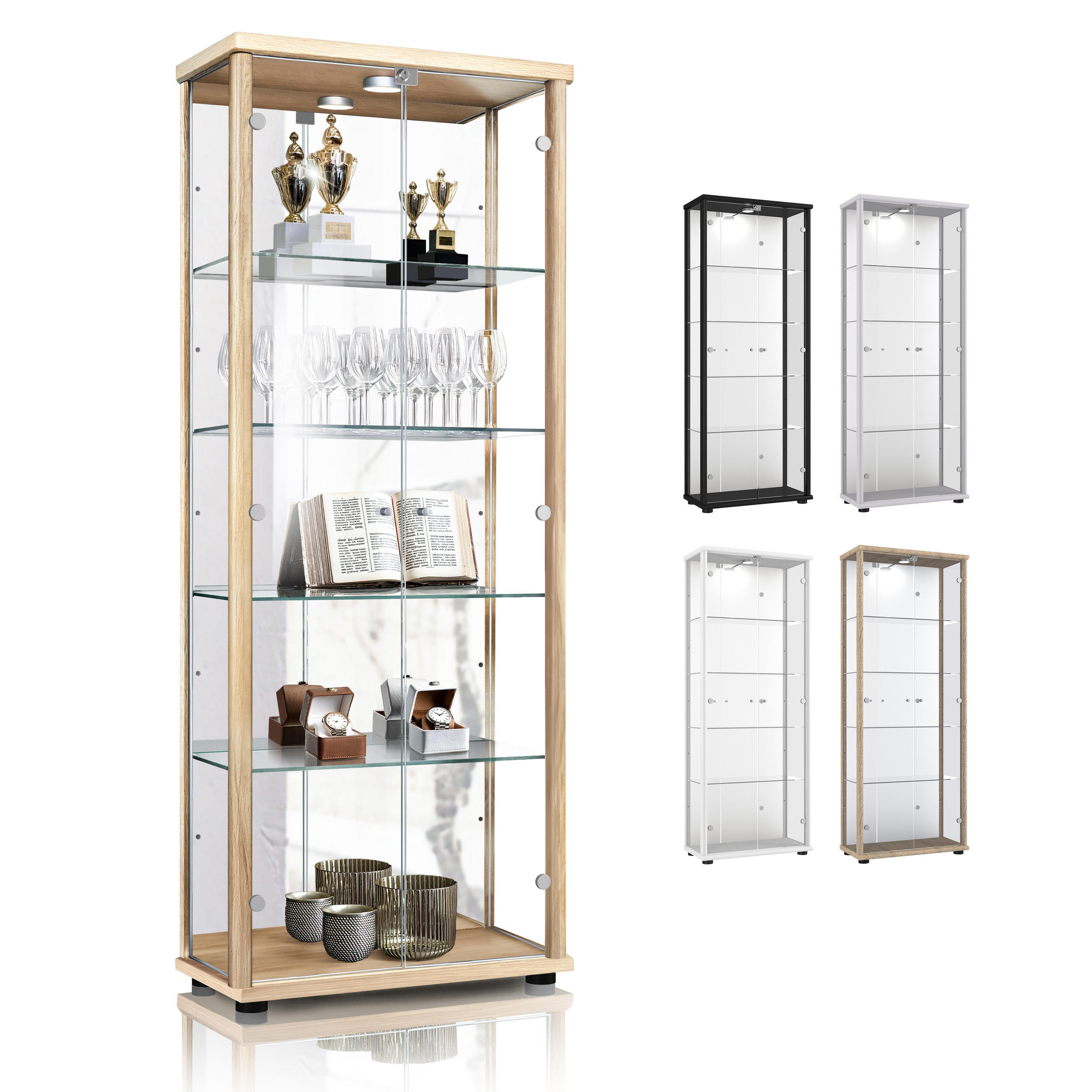 GLASVITRINE 33/67/176 cm mit Spiegel, LED, Schloss & 4 höhenverstellbaren Glasböden - Transparent/Silberfarben, Glas/Holzwerkstoff (67/176/33cm) - K-Möbel