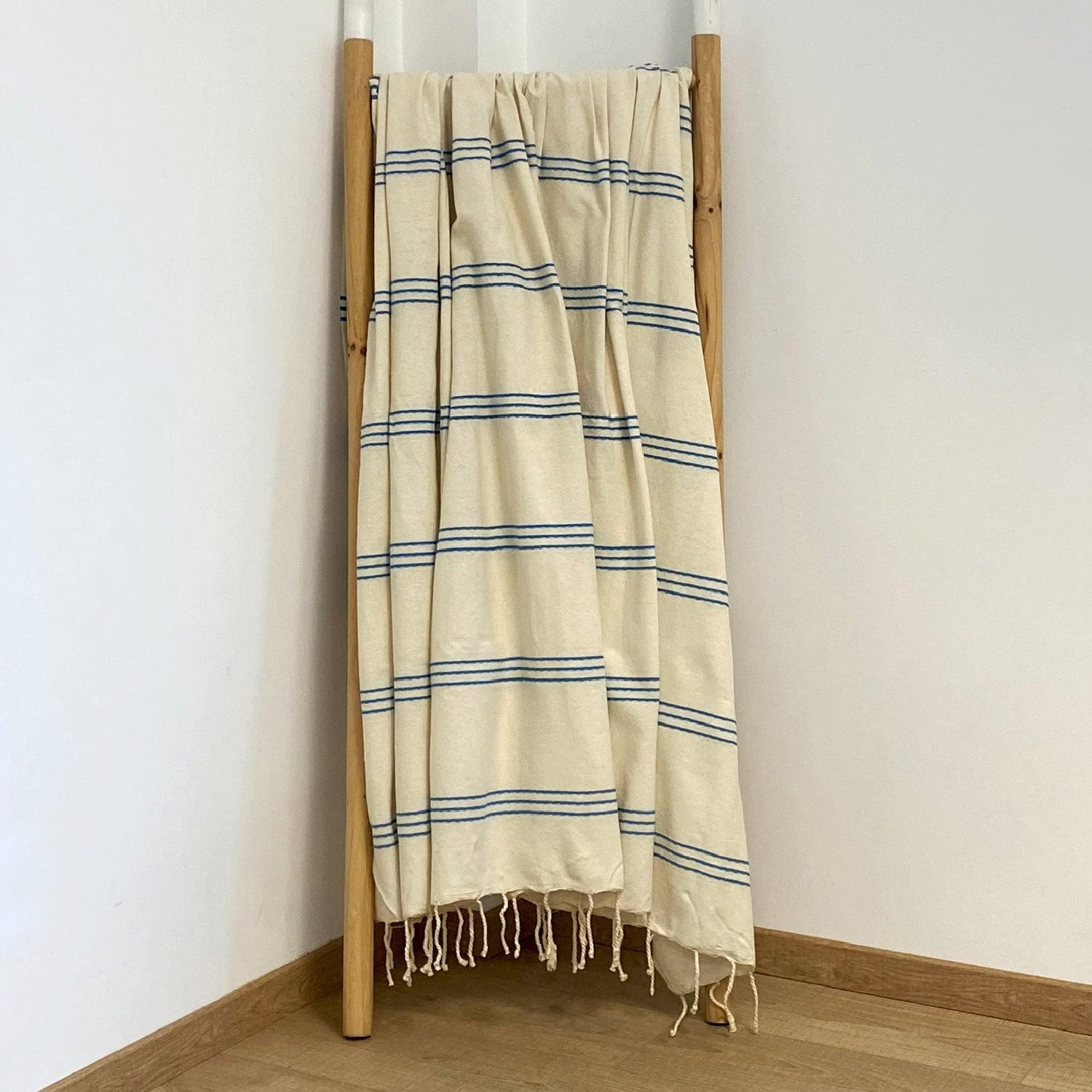 HAMMAMTUCH Traditionelle Calliope 100x200 190g/m² Ecru/Türkis - Hellblau, Textil (100/200cm) - LE COMPTOIR DE LA PLAGE