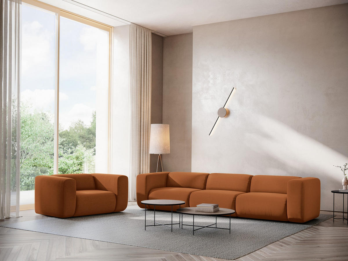 3-SITZER SOFA Samt Stoff Orange - Terra cotta/Schwarz, Kunststoff/Textil (228/70/89cm) - Makamii