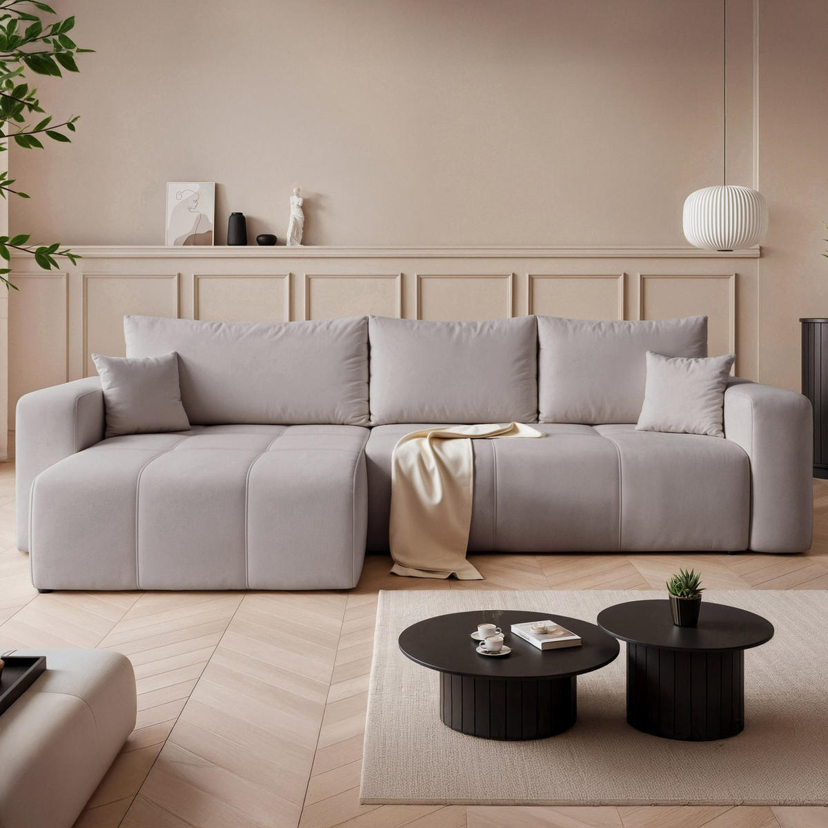 ECKSOFA XL Velours mit Bettkasten und Schlaffunktion - Grau, Holzwerkstoff/Textil (278/145cm) - Idohome
