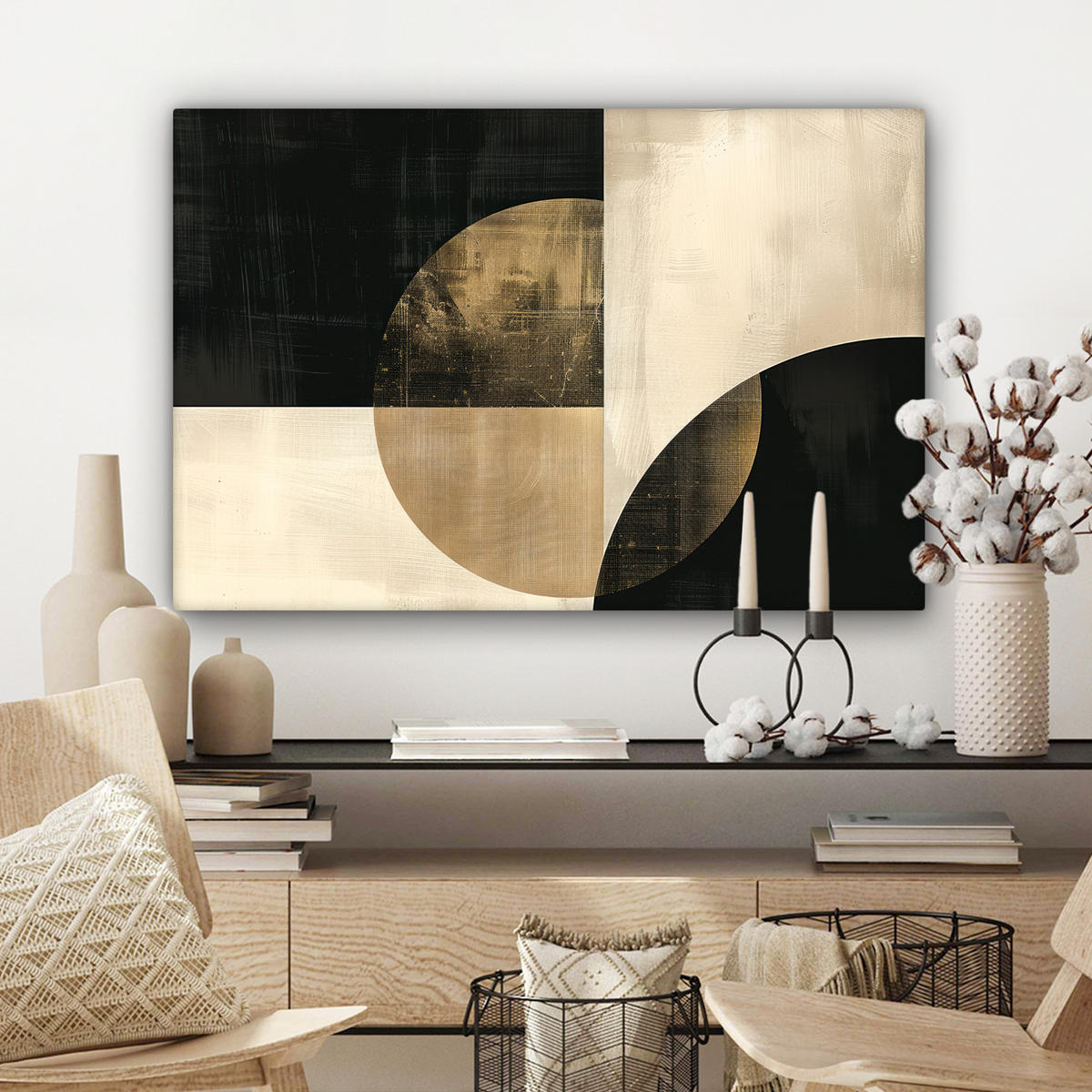 LEINWANDBILD Abstrakt - Geometrische Formen - Schwarz - Gold Wanddeko 90x60 cm - Ecru, Textil (90/60cm) - MuchoWow