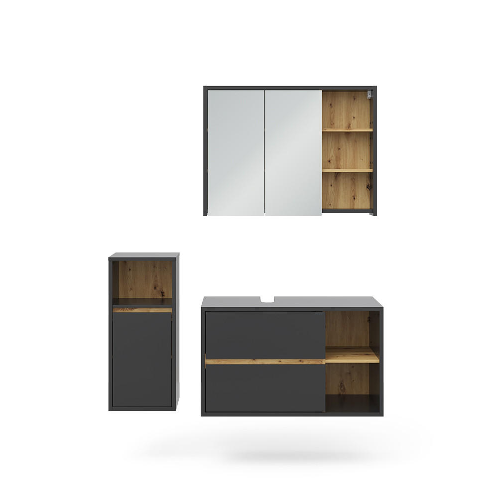 BADMÖBEL-SET Viola Anthrazit 3 Teile, mit Midischrank - Eichefarben/Anthrazit, Holzwerkstoff (60/100/45cm) - Vicco