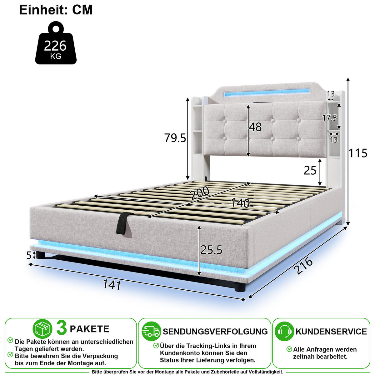 ČALOUNĚNÁ POSTEL 140/200 cm v béžové barvě s úložným prostorem, LED a USB-C - béžová, kov/kompozitní dřevo (140/200cm) - CHICFURN