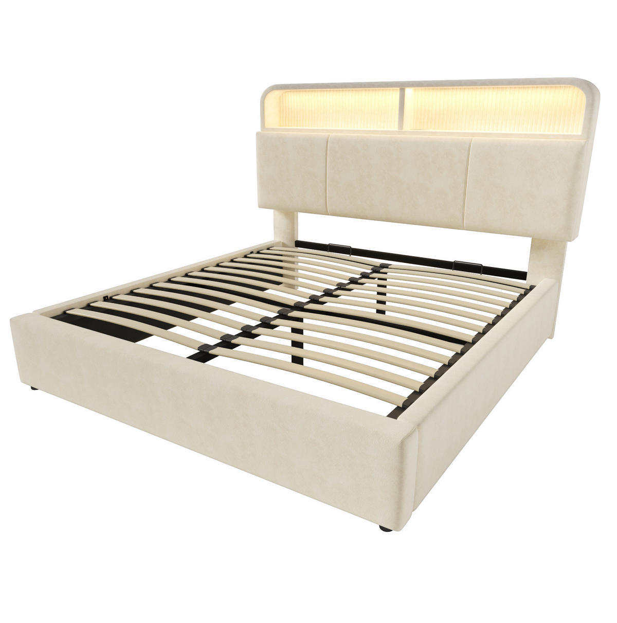 BETT mit Stauraum und LED 140x200 cm Samt Beige mit Lattenrost - Beige, Metall (140/200cm) - Meubliv
