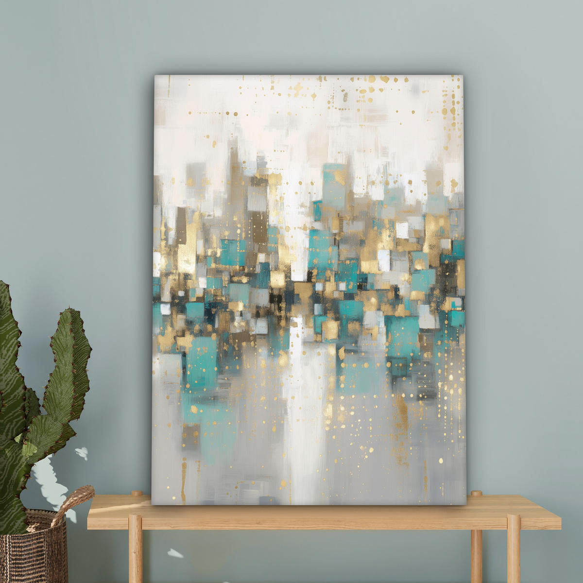 LEINWANDBILD Abstrakt - Blöcke - Gold - Skyline Wandbild Wohnzimmer 60x80 cm - Beige, Textil (60/80cm) - MuchoWow