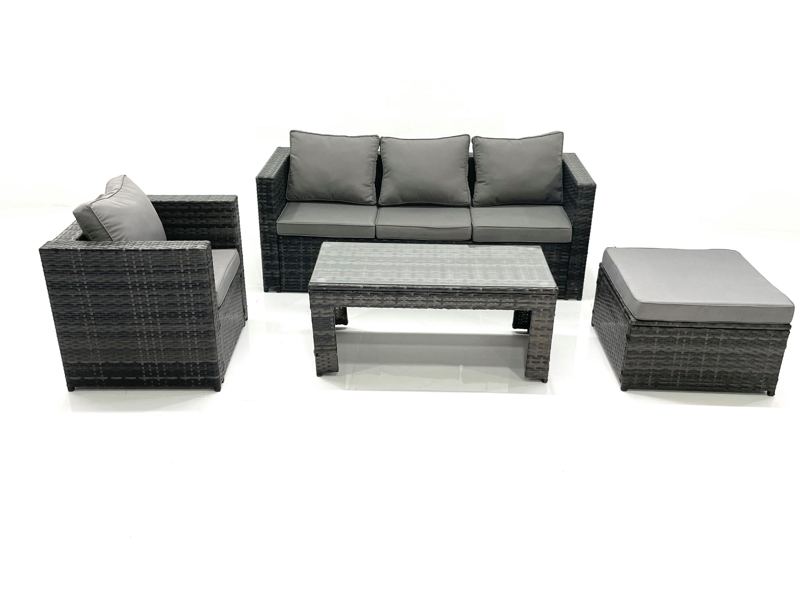 GARTENMÖBEL-SET COUCHTISCH SESSEL SOFA mit HOCKER Polyrattan Dunkelgrau Gemischt 5-Sitzer - Dunkelgrau/Grau, Glas/Kunststoff - Fimous