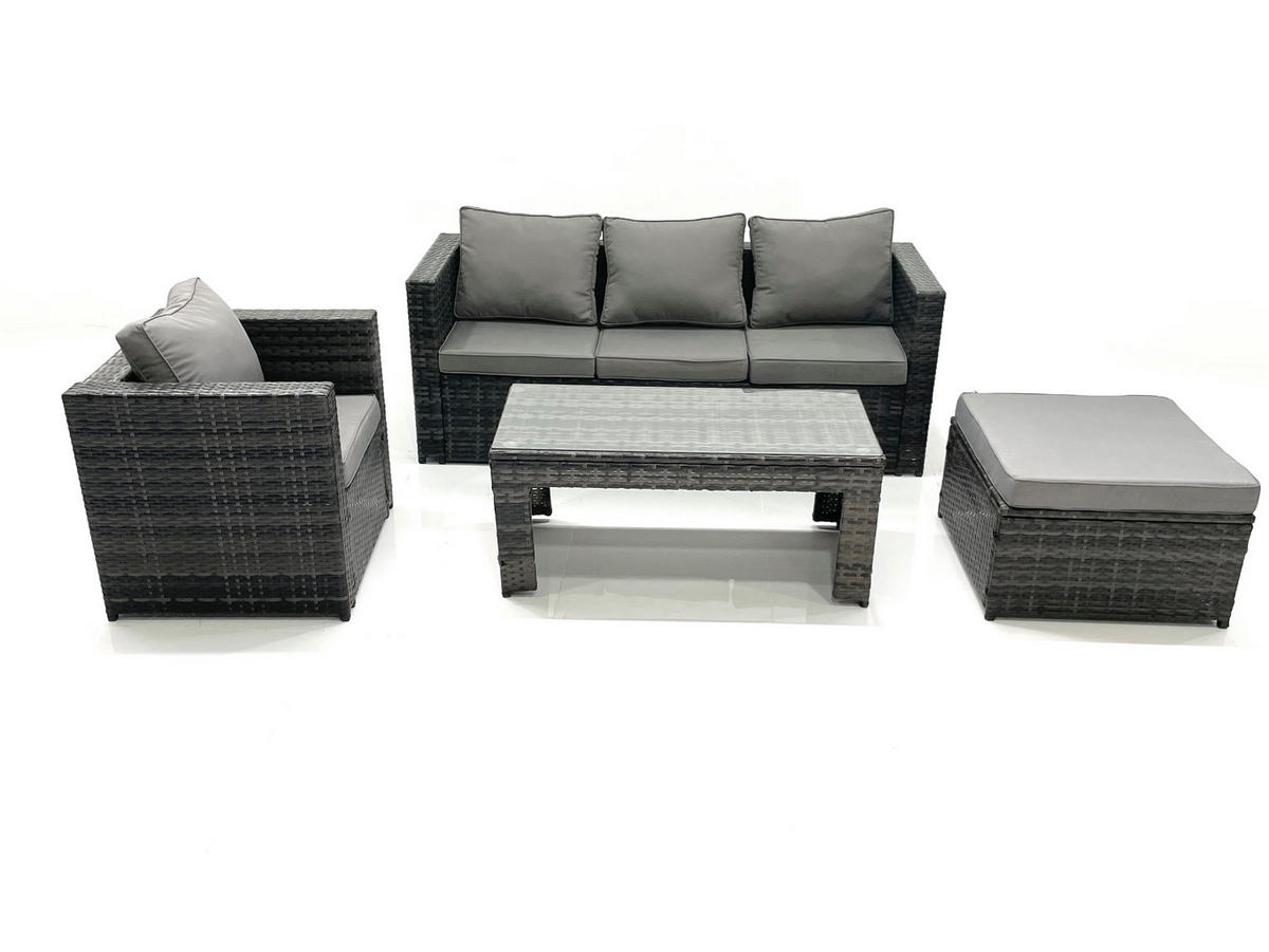 GARTENMÖBEL-SET COUCHTISCH SESSEL SOFA mit HOCKER Polyrattan Dunkelgrau Gemischt 5-Sitzer - Dunkelgrau/Grau, Glas/Kunststoff - Fimous