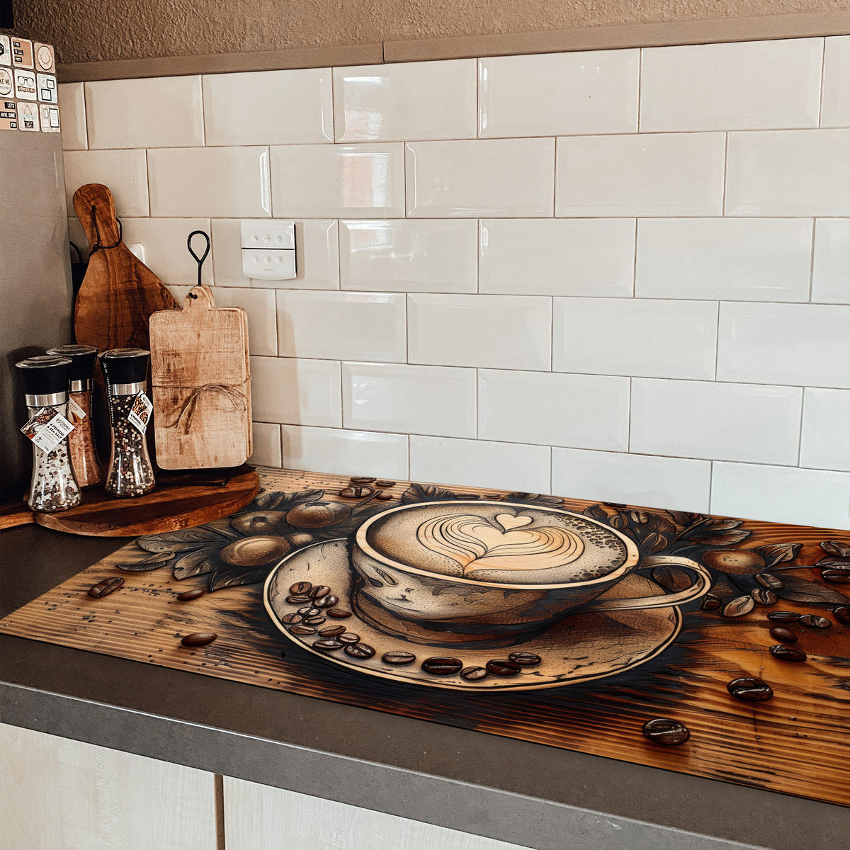 HERDABDECKPLATTE Kaffee - Vintage - Braun - Tasse - Holz Induktionsschutz 91.2x52 cm - Cappuccino, Kunststoff (91.2/52/0.2cm) - MuchoWow