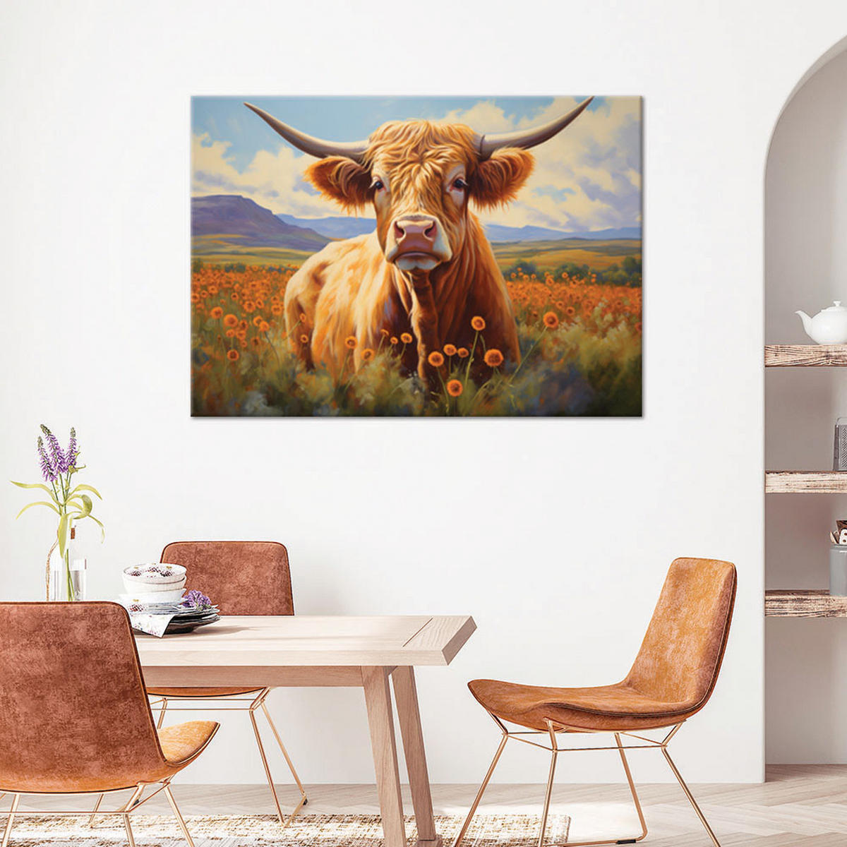 WANDBILD schottische kuh auf der wiese - Multicolor, Textil (60/40cm) - Feeby