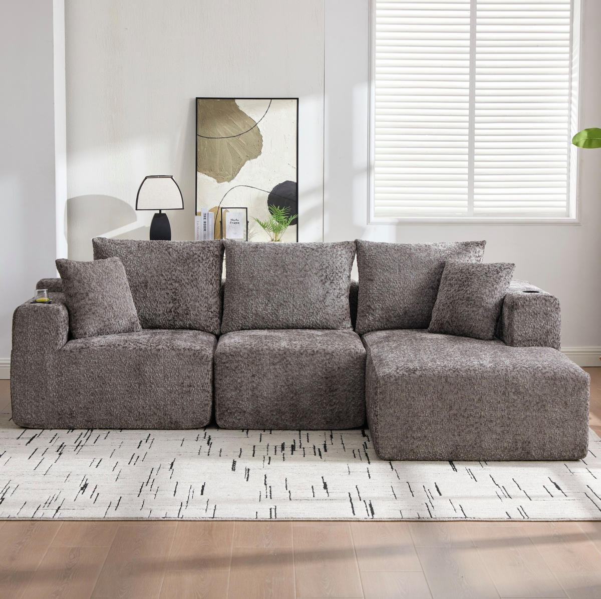 ECKSOFA 261/165/80,5 cm mit Getränkehaltern, tiefer Sitzfläche und Chenille-Bezug, Dunkelgrau - Dunkelgrau, Textil (261/165cm) - Redom