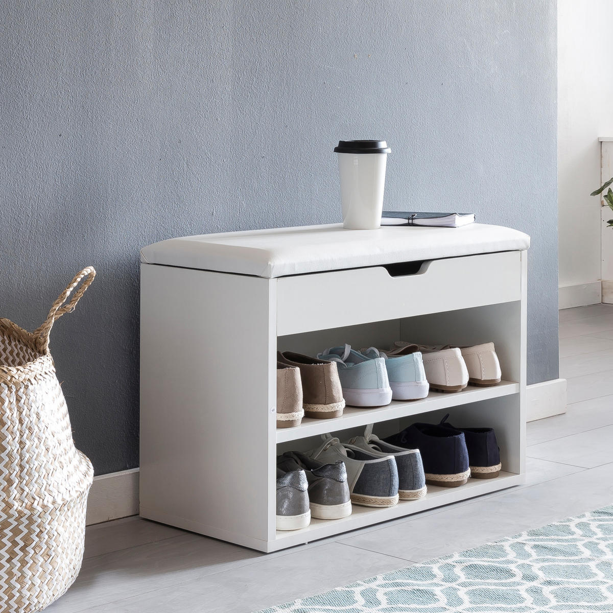 SCHUHBANK gepolstert mit Stauraum, Weiß 60x30x40 cm - Weiß, Holz/Textil (60/40/30cm) - KADIMA DESIGN