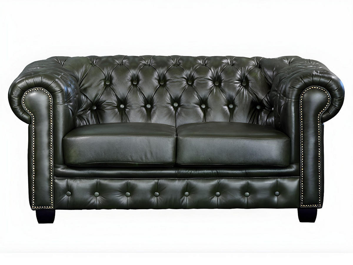 CHESTERFIELD Ledersofa 2-Sitzer - Büffelleder - Schwarzgrün - BRENTON - Grün, Leder (160/73/96cm) - Vente-Unique