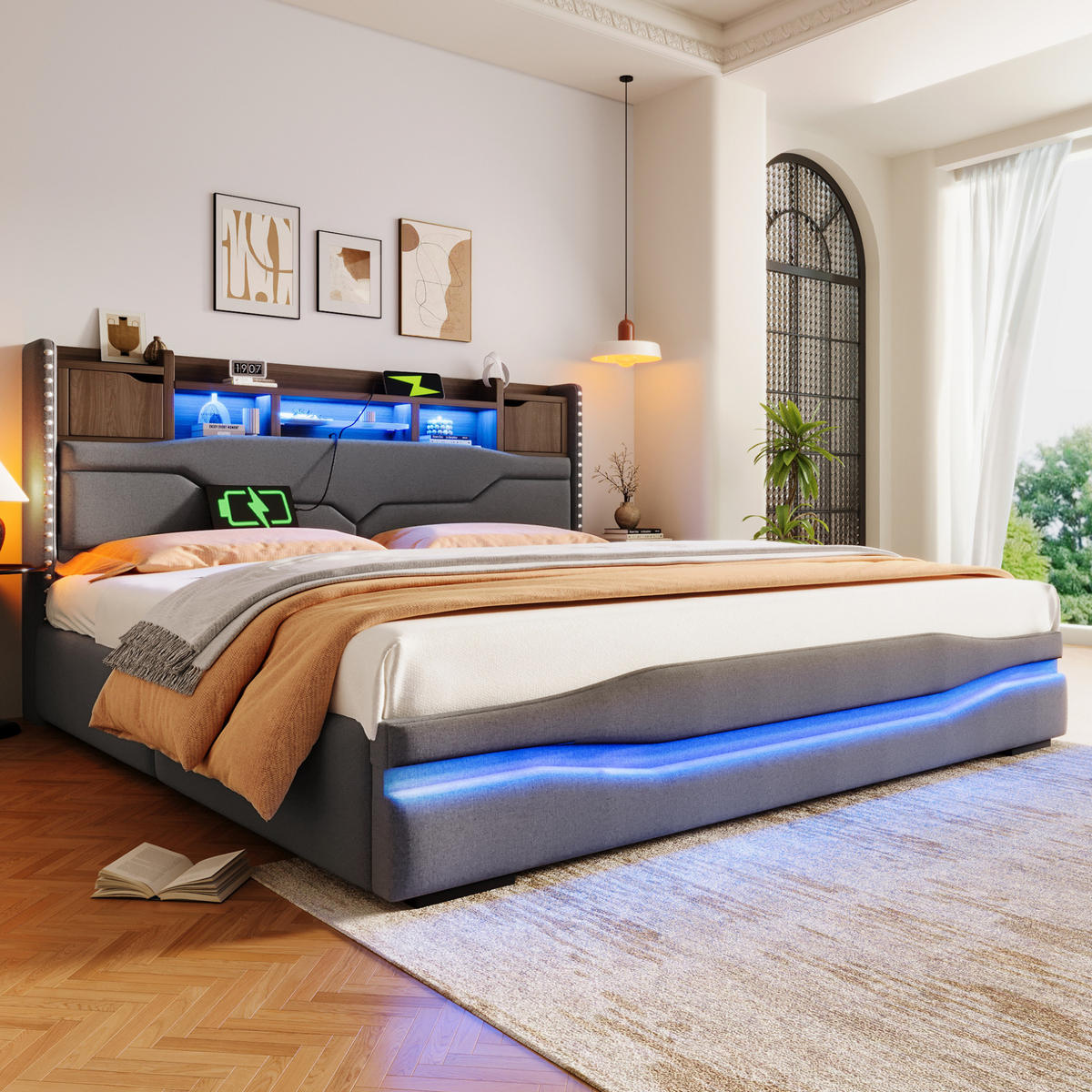 POLSTERBETT mit Stauraum und LED 180x200 cm Leinen Grau - Grau, Metall (180/200cm) - Meubliv
