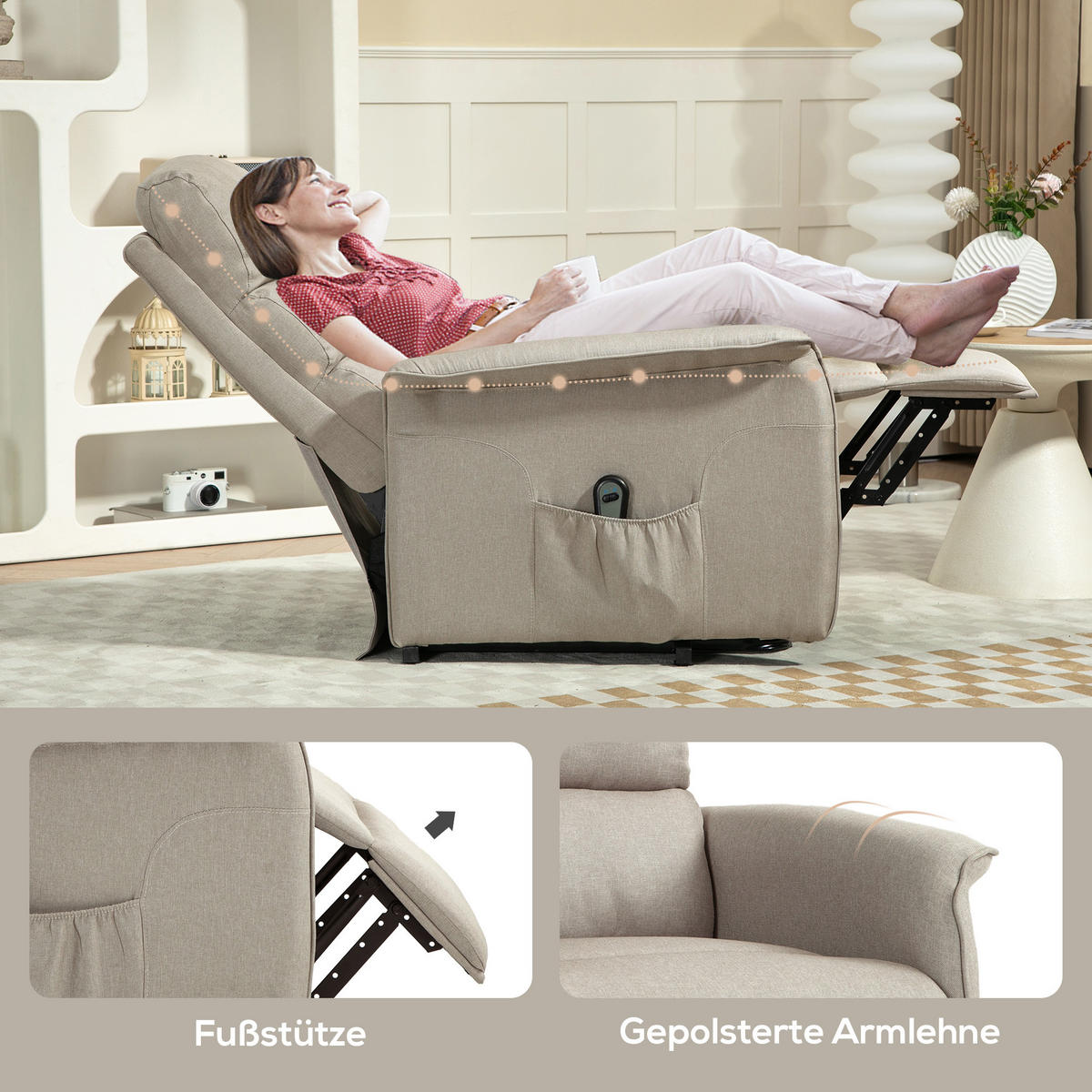 FERNSEHSESSEL mit Aufstehhilfe Elektrisch, Relaxsessel mit Liegefunktion Beige - Beige/Schwarz, Textil/Metall (90/96/66cm) - HOMCOM