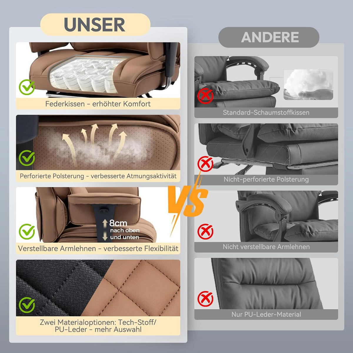 GAMING-STUHL & gefederten Sitzkissen Lendenwirbelstütze und Fußstützen - Braun, Leder (76/121/60cm)
