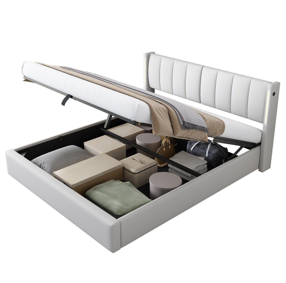POLSTERBETT 160/200 cm aus PU mit LED-Beleuchtung, USB-Anschluss, Bettkasten und verstellbarem Kopfteil, Weiß - Weiß, Kunststoff (160/200cm) - Redom