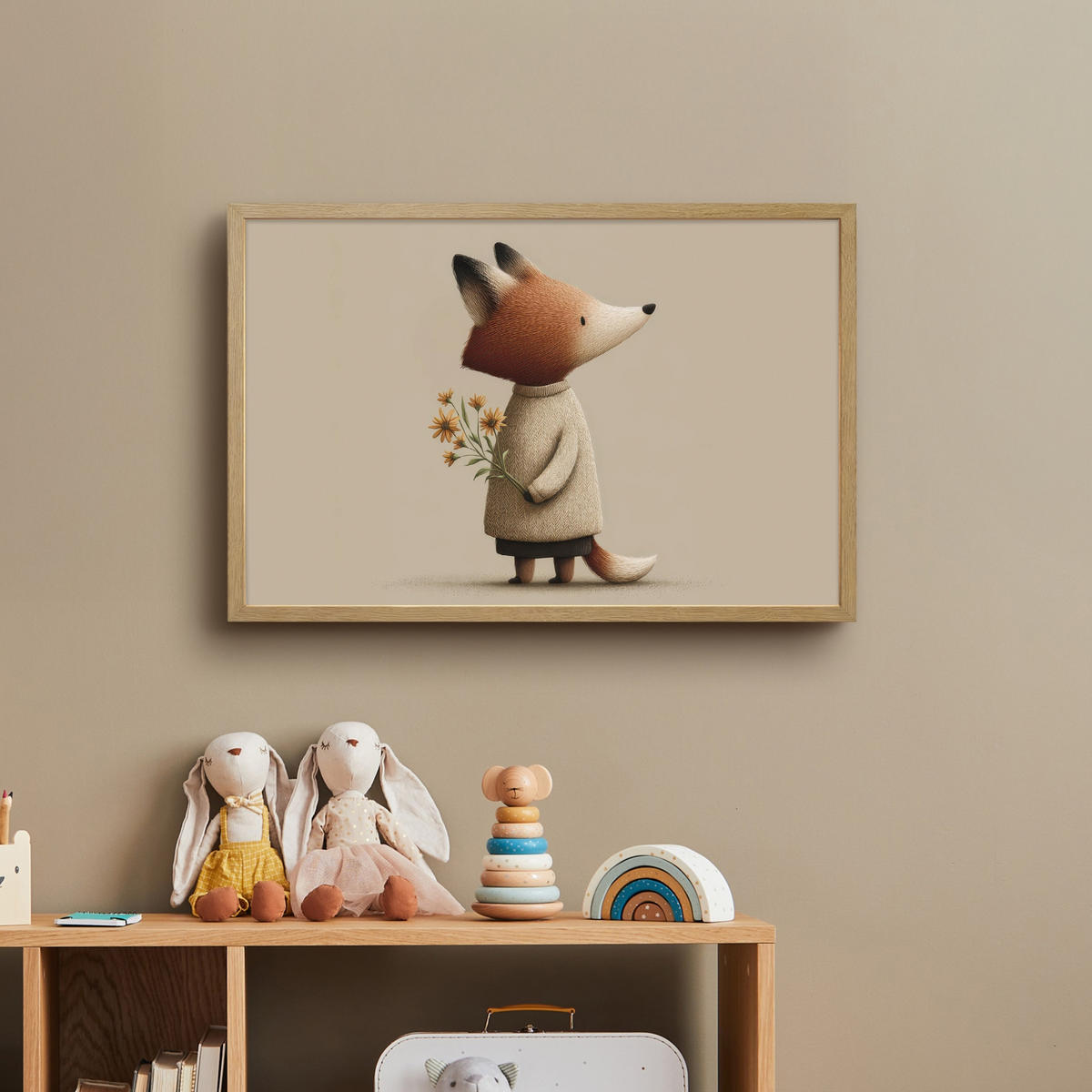 DOBÍJECÍ NOČNÍ LAMPIČKA Liška - Žluté květy - Minimalistický 60x40 cm - šedohnědá, kompozitní dřevo (8/60/40cm) - OnlyWow
