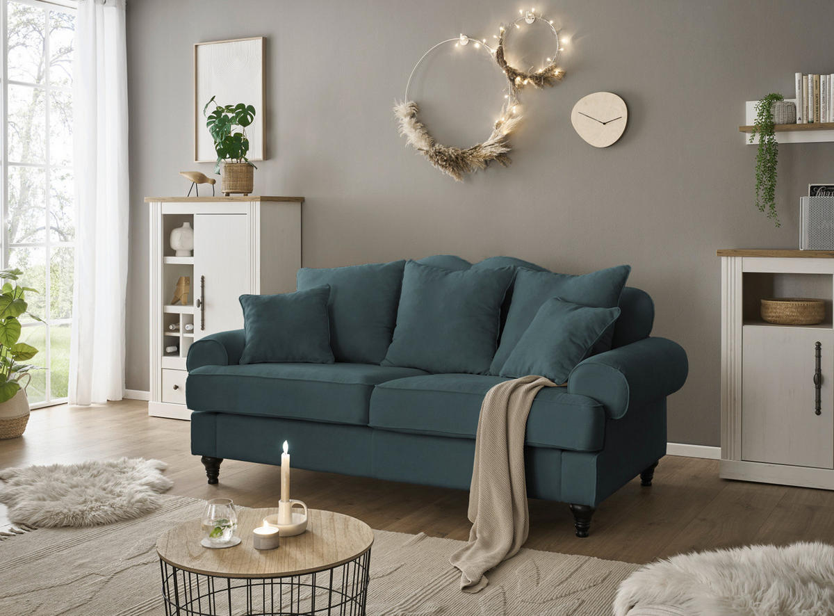 SOFA blaugrün Landhaus, Couch 3-Sitzer 200 cm - Dunkelgrün, Holz/Textil (200/95/100cm) - Furn.Design